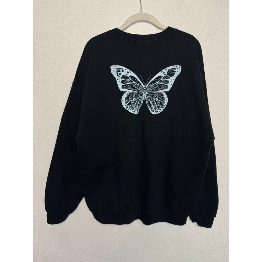 Silver Beach XL Unisex Sweatshirt Butterfly Print Black Long Sleeve Crewneck - Picture 5 of 7